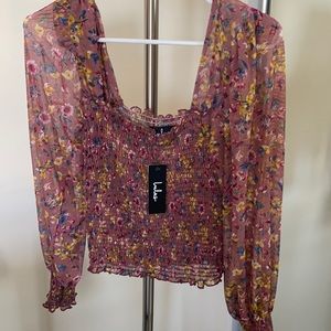 Lulus mesh floral print long sleeve top